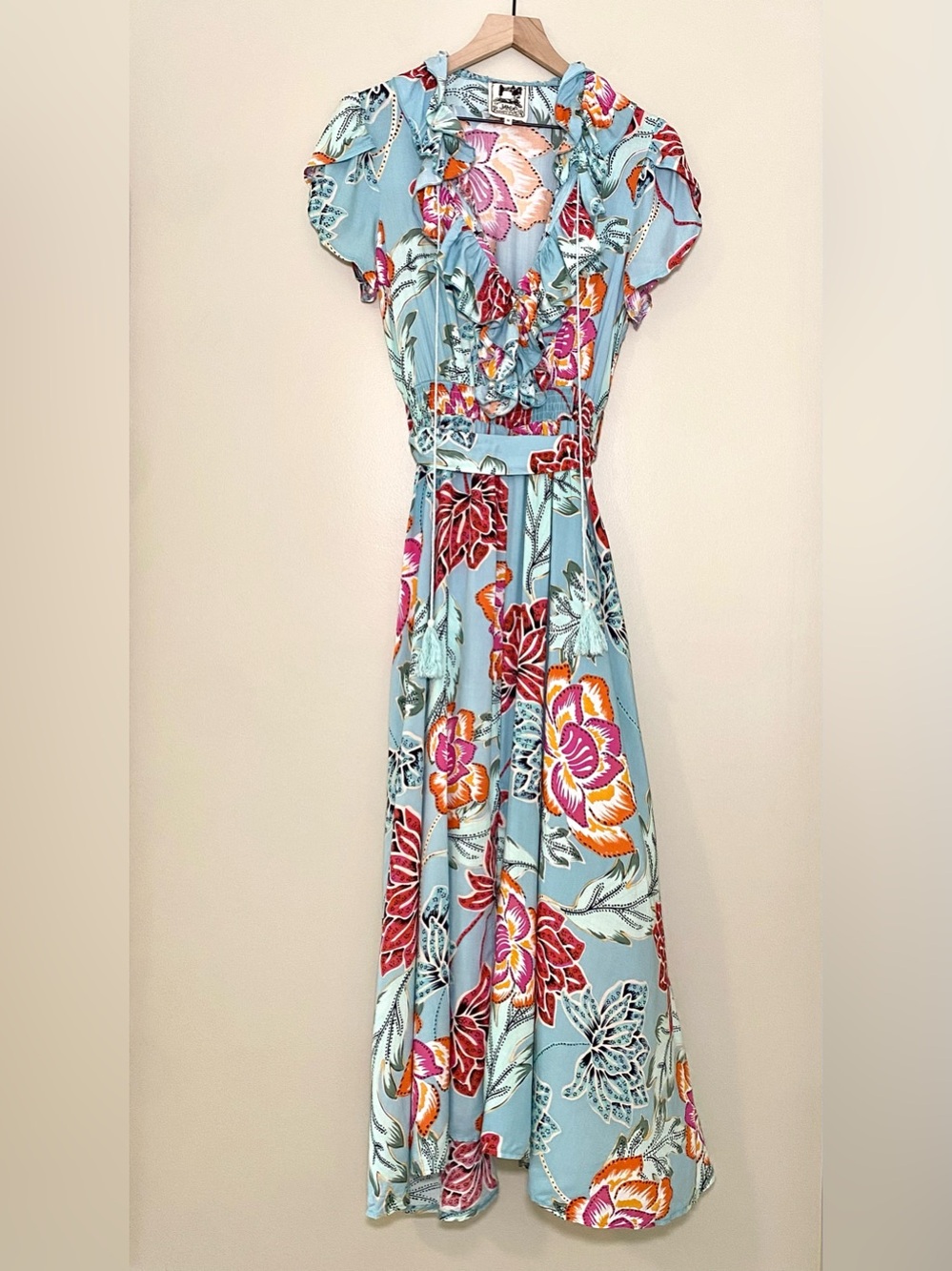 Jaase | Dresses | Jaase Boho Aqua Light Blue Floral Dress Ruffle Flowy Tassel Smocked Medium